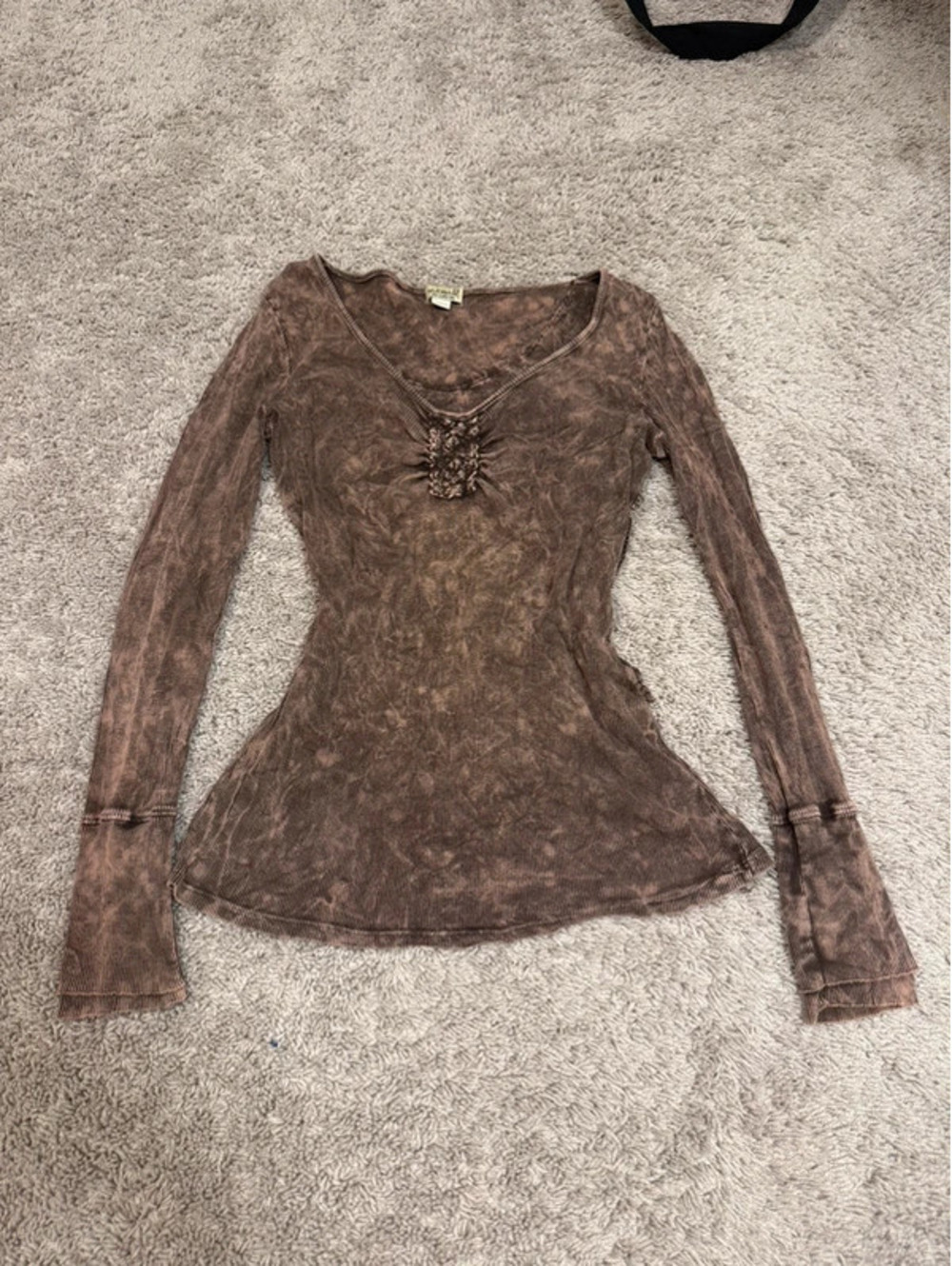 Vintage Y2K One World Brown Acid Wash Crochet Lace Long Sleeve Top M